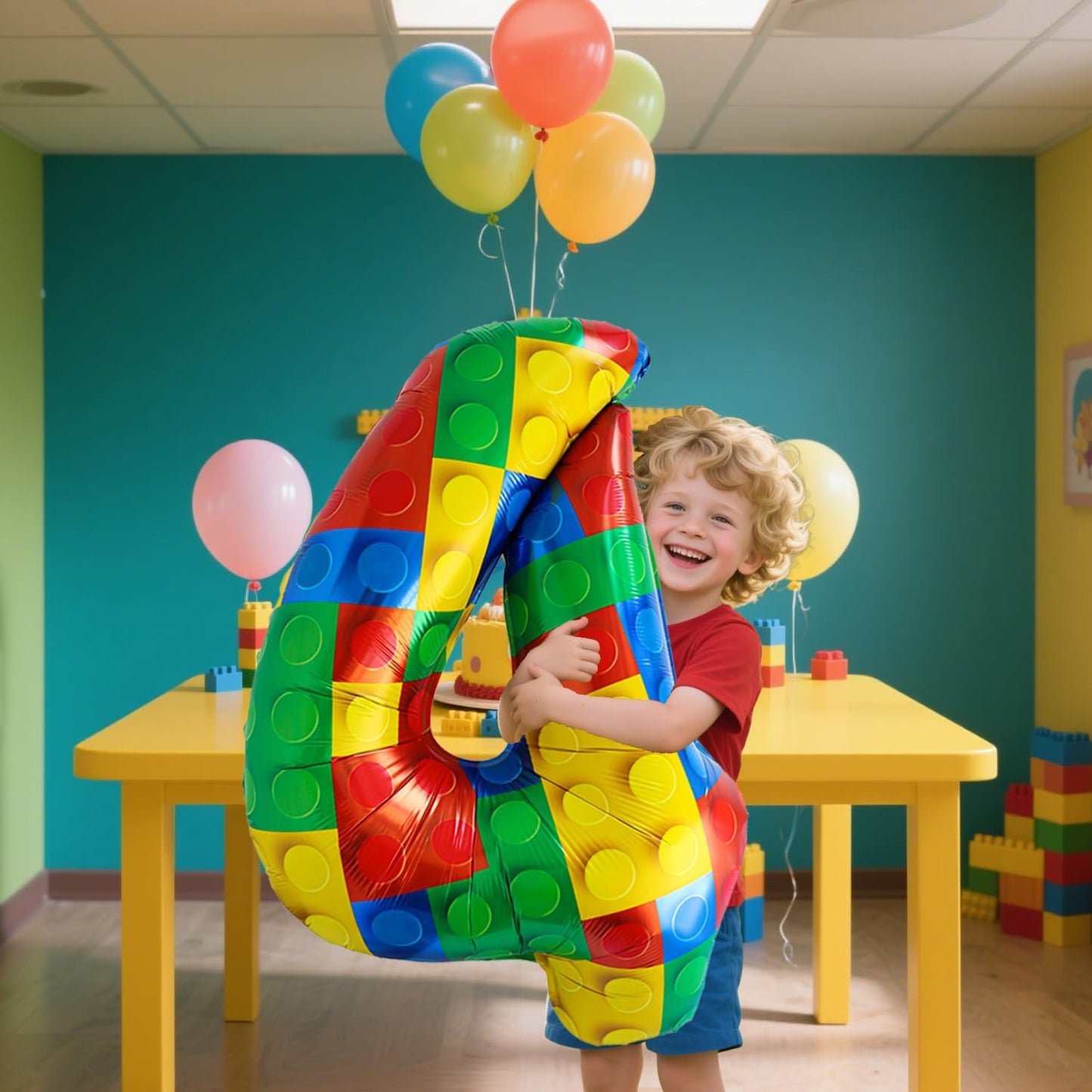32 Inch Stackable Block Number Balloon – Colorful Brick Building Themed Big Helium Digits for Kids Birthday Party Decorations (Building Block, Number 4)