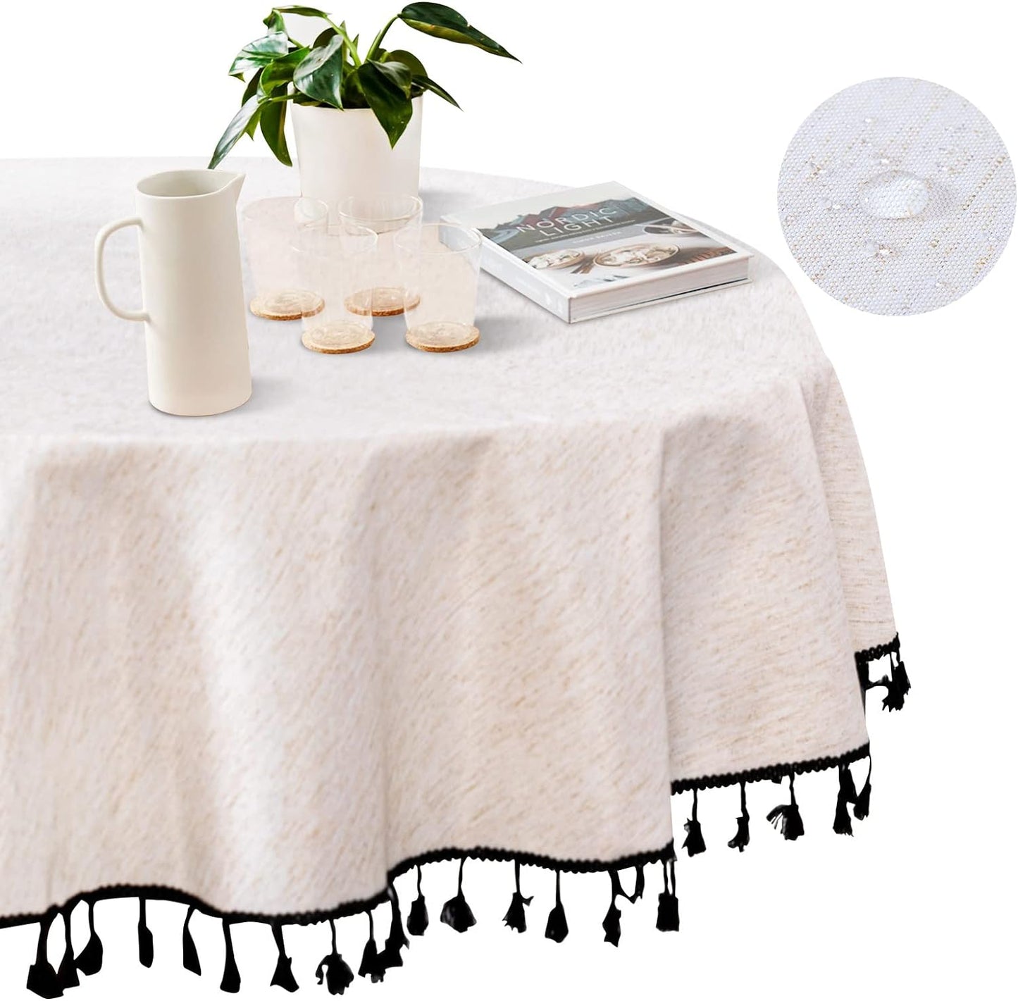 MYSKY HOME 60 Inch Round Cotton Tablecloth, Heavy Duty, Waterproof, Wrinkle Resistant, Black Tassels, Modern Elegant Design, Kitchen, Dining, Parties, Events