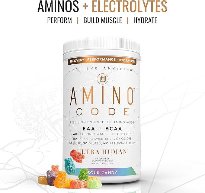 Ultra Human Amino Code | Essential Amino Acids + BCAAs + Coconut Water Electrolytes | Fast Hydration Workout Recovery Flavored Amino Energy Powder Drink | Clean Formula, 40 Servings - Sour Candy