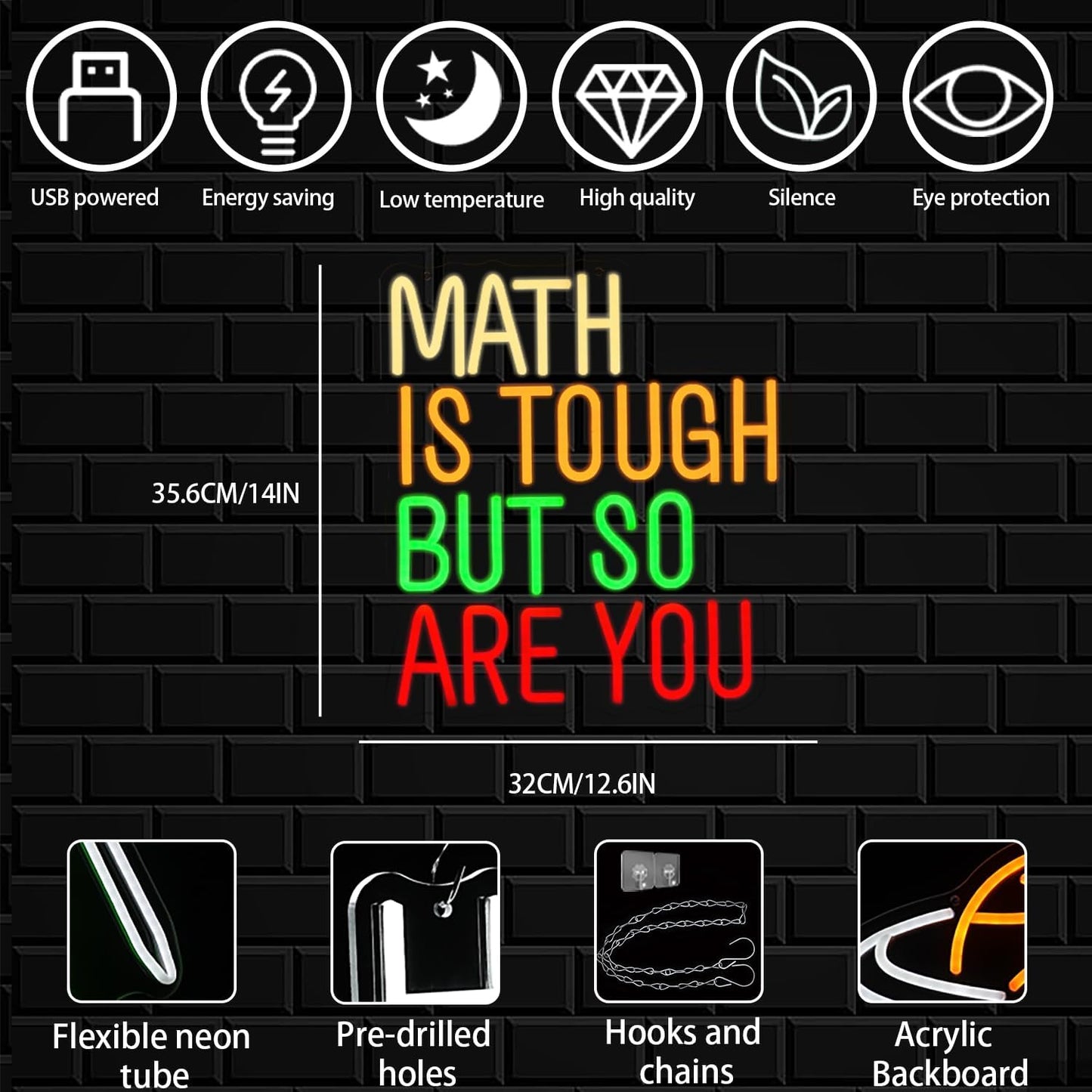 Math Is Tough But So Are You Neon Sign for Classroom, Inspirational Colorful Math Neon Light Dimmable Student LED Light up Signs for Classroom, Kid Room, Office, Library Decoration