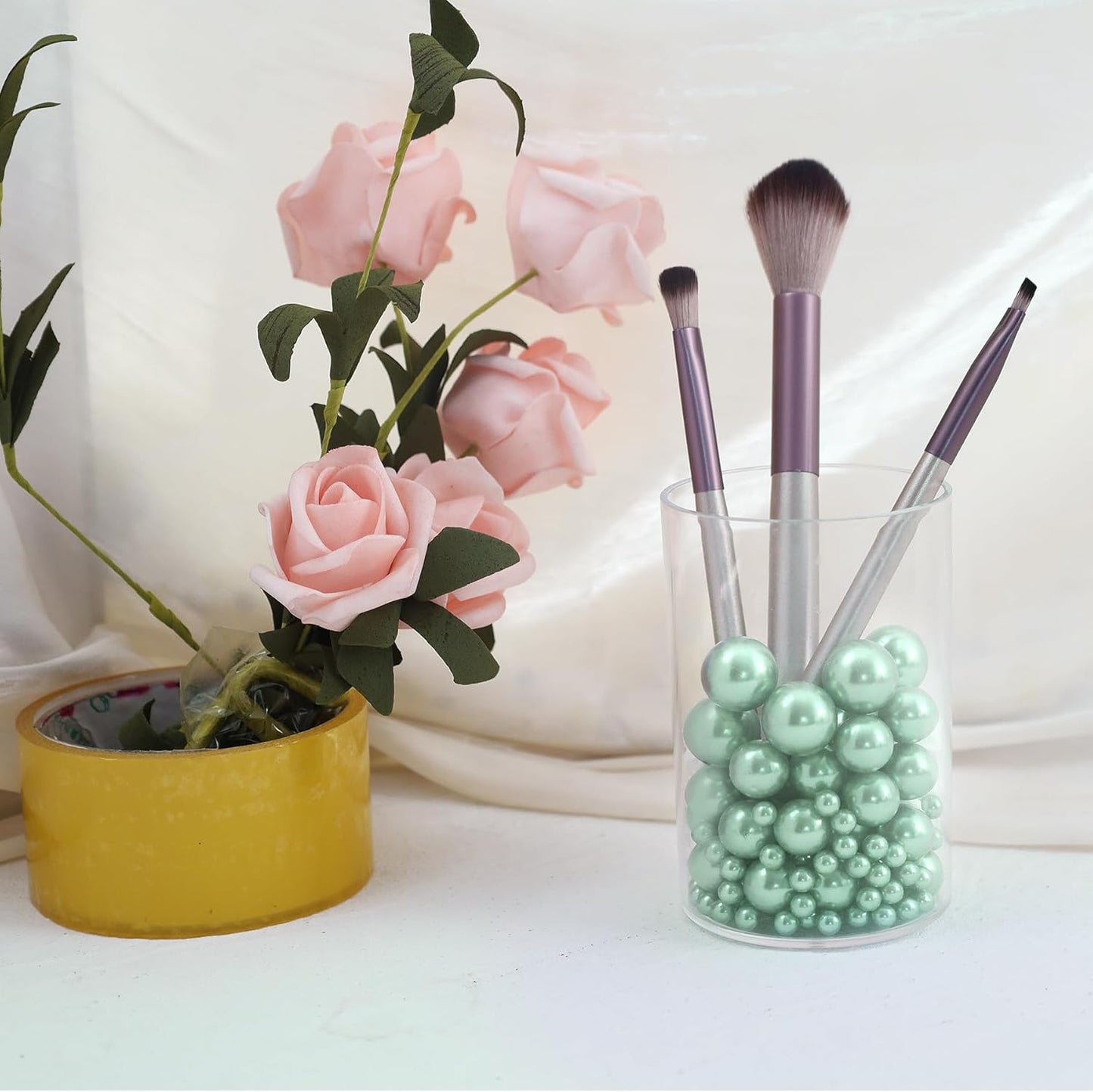 260Pcs LightGreen Glossy Beads for Centerpiece Decor, Artifical Pearls Vase Filler, Makeup Brush Beads, No Hole Round Pearl Beads for Wedding Birthday Christmas Party Home Decor(18mm 14mm 6mm)