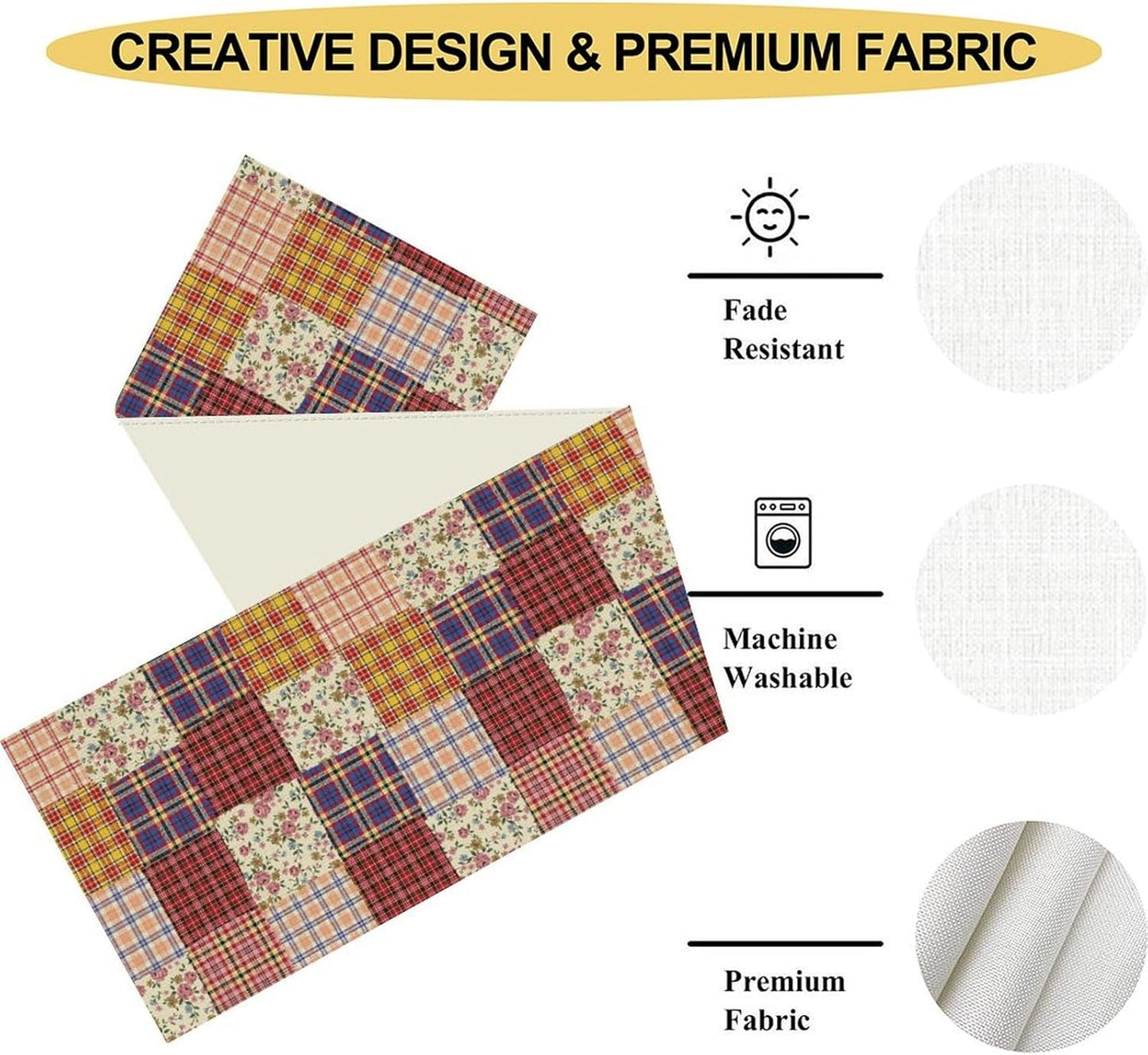 Patchwork Table Runner, Boho Vintage Floral Checkered Plaid Bohemian Paisley Flower Farmhouse Table Center Decor for Home Kitchen Dining Patio Holiday Party Indoor Table Decorations, 13"x36" Inch