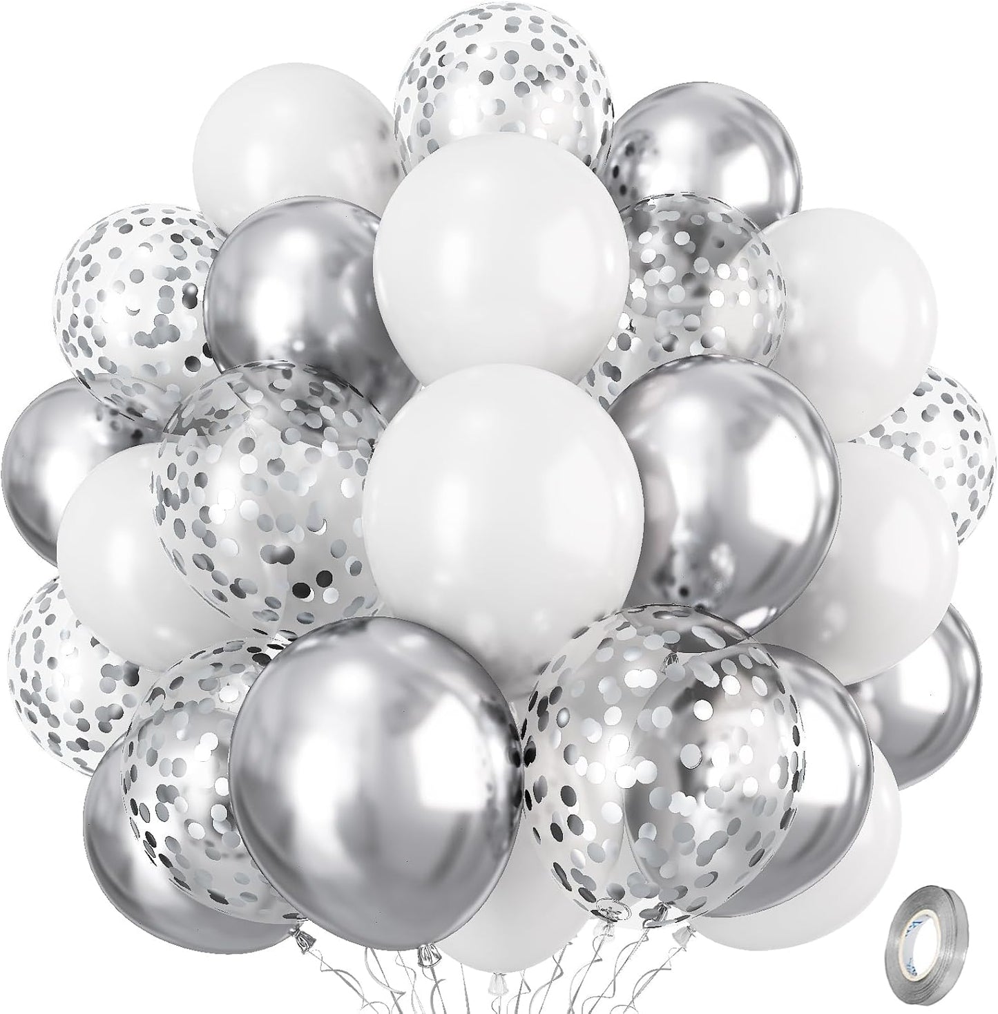 Silver and White Balloons, 12 Inch Metallic Silver White Latex Balloons Set Decor with Silver Confetti Helium Balloons for Boys Girls Birthday Party Baby Shower Wedding Graduation Party Decorations