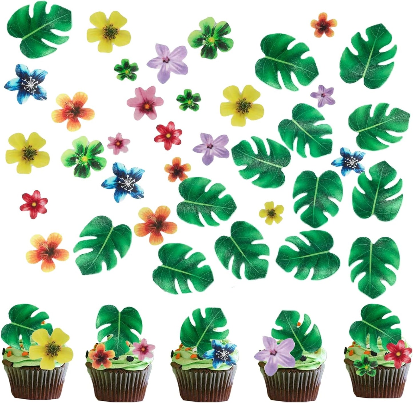 64Pcs Tropical Palm Leaves and Hawaii Flowers Cupcake Toppers Hawaii Theme Cake Decoration for Jungle Summer Party Birthday Wedding Cake Decor