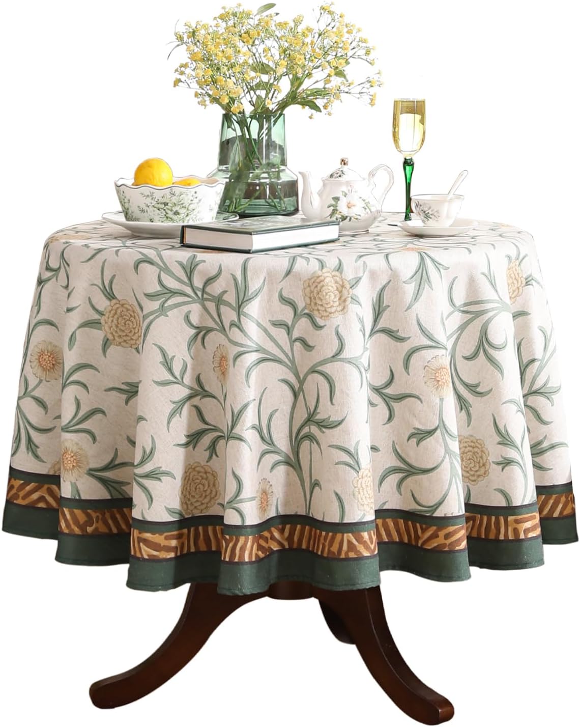 patdrea Designer Idyllic Linen Round Tablecloth,French Table Cloth with Floral Pattern,Provencal Decoration Tablecloths for Kitchen Dining,Christmas,Thanksgiving,Diameter 67"-Littledaisy