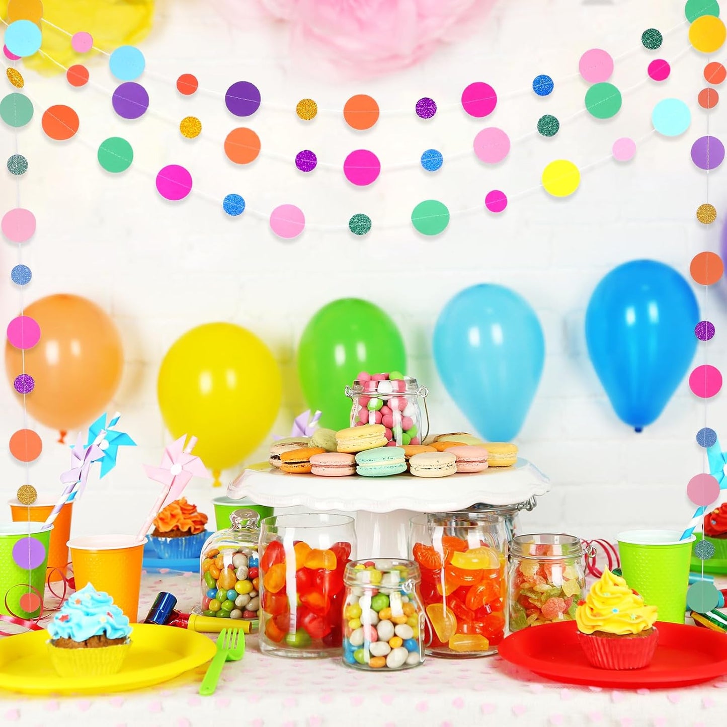 Outus 5 Pieces Colorful Dots Paper Garland Round Glitter Garland Hanging Confetti Streamers Backdrop for Candy Birthday Classroom Halloween Trunk or Treat Car Decoration (Rainbow)