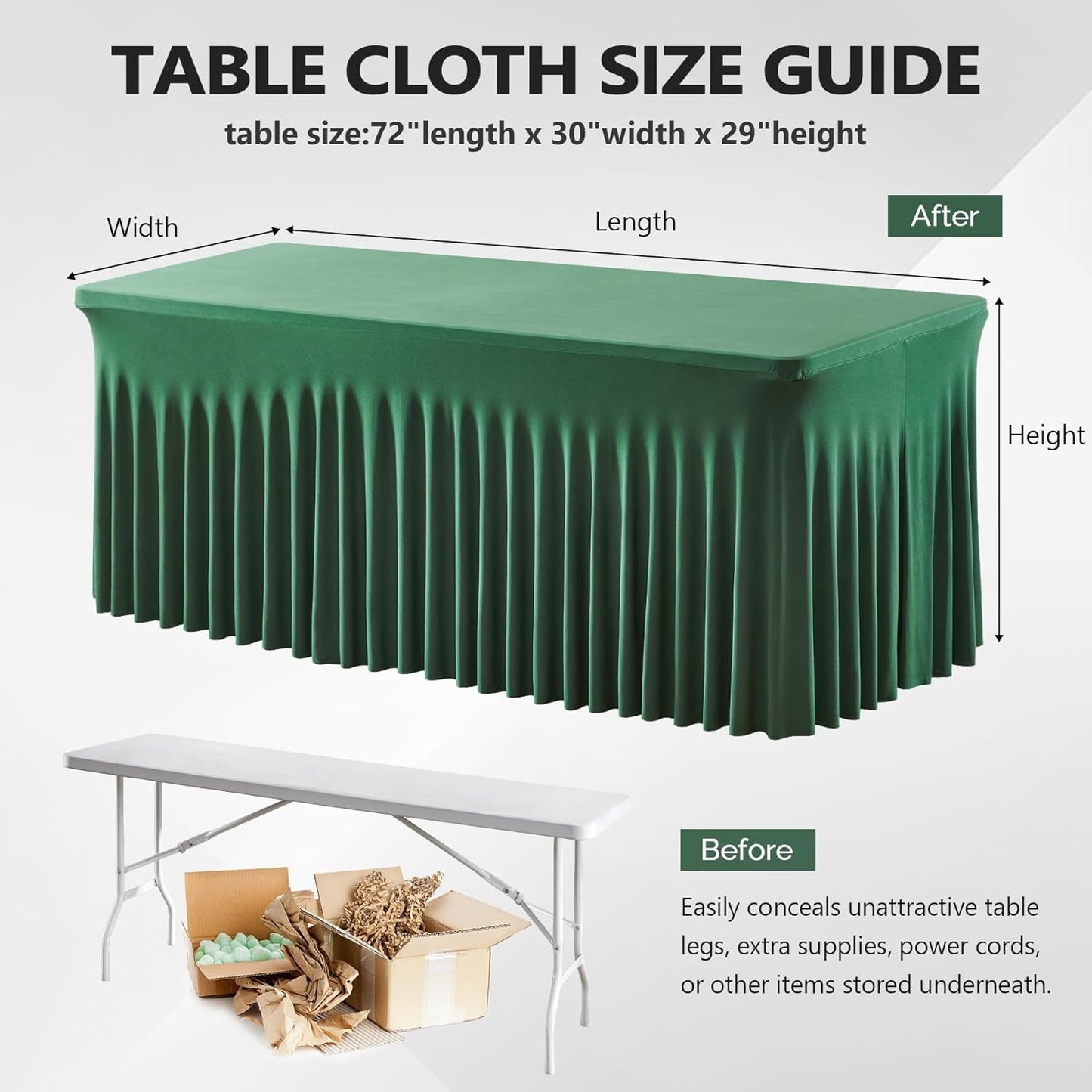 Wish Care 6 Pack Hunter Green Spandex Table Clothes for 6 Foot Rectangle Tables, 6FT Wrinkle Free Fitted Tablecloths Ruffles Design Table Cover for Party, Banquet, Wedding and Events