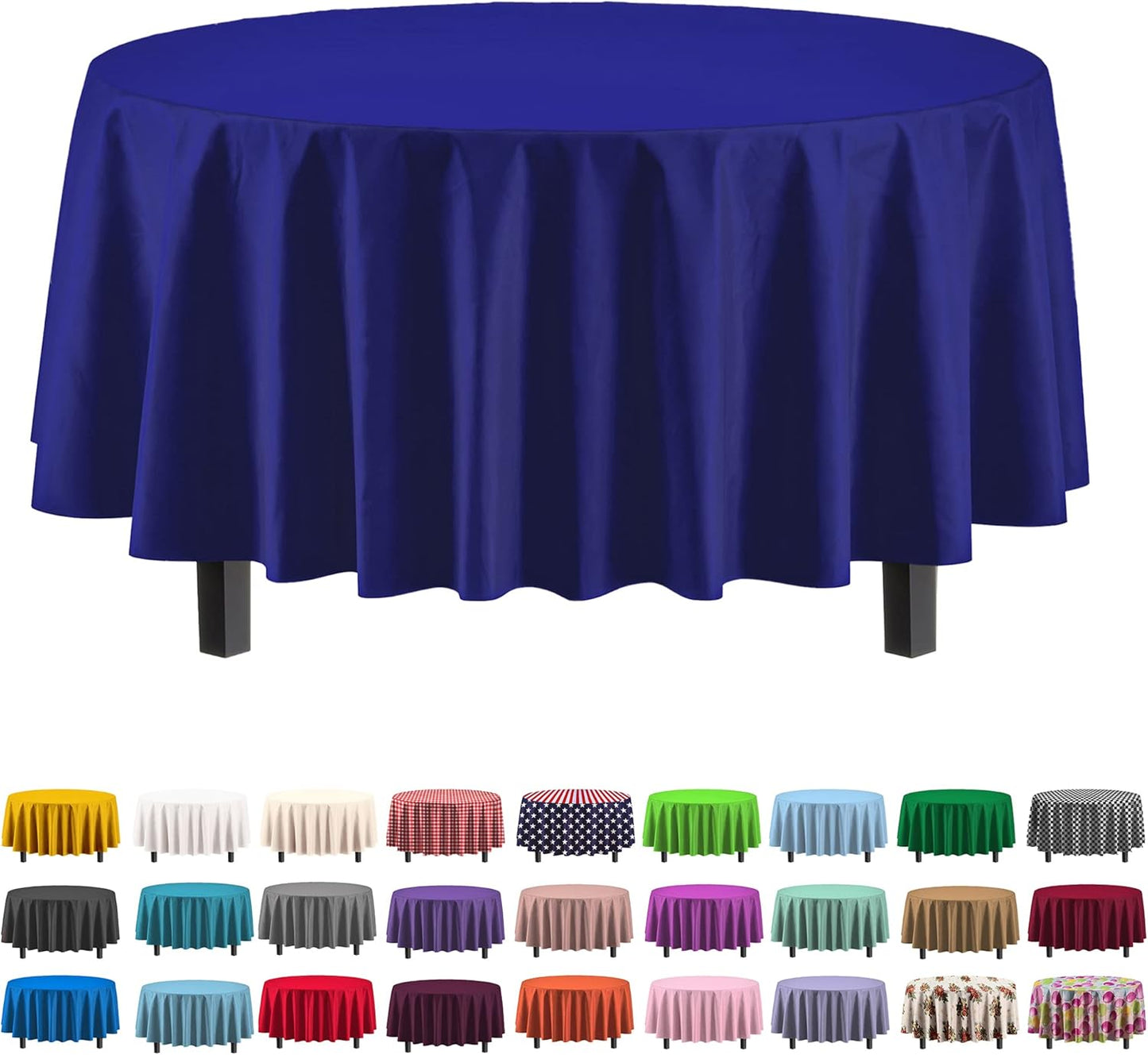 Party Solids Pack Of 12 Premium Plastic Tablecloth 84 Inch Round Table Cover - Navy Blue