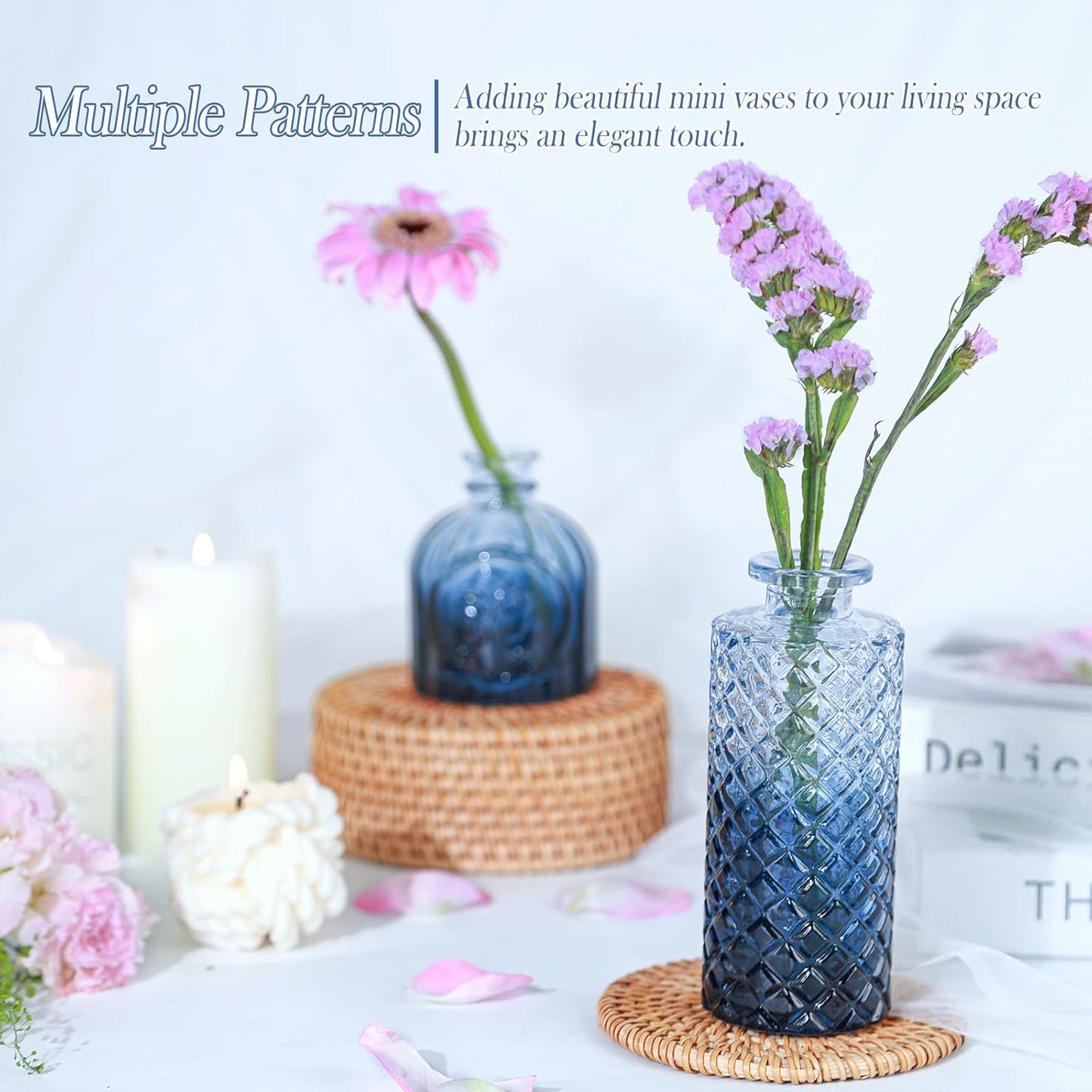 Navy Blue Glass Bud Vases Set of 5, Mini Flower Vase for Centerpieces, Small Clear Vases in Bulk for Wedding Decorations, Vintage Vase for Table, Graduation, Home Décor