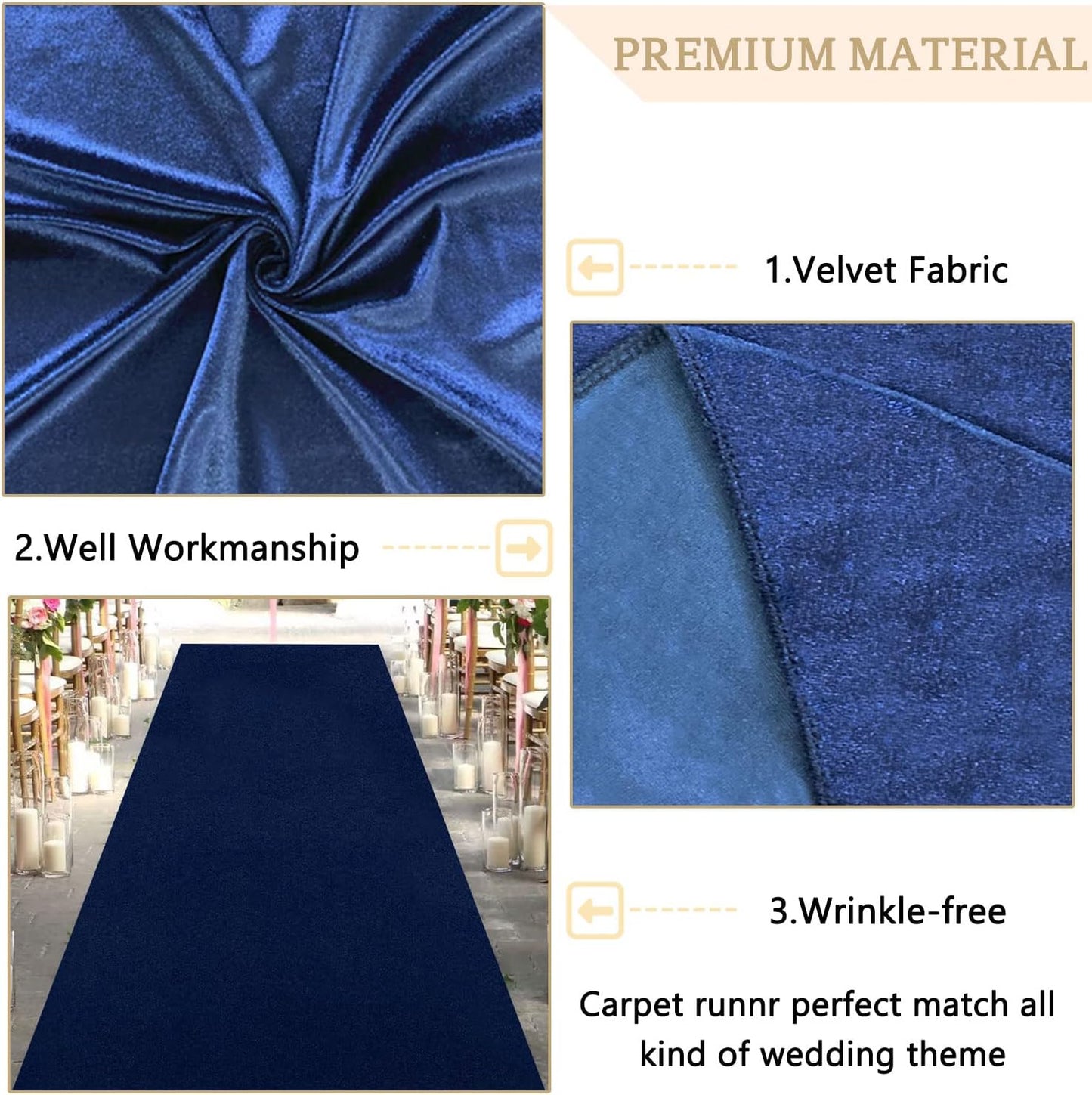 MODFUNS Navy Blue Aisle Runner Wedding Runner Aisle Outdoor 4x20ft Velvet Fabric Carpet Runners Wedding Carpet Runway Rug with Carpet Tape Aisle Floor Runners for Ceremony Banquet Party Decoration