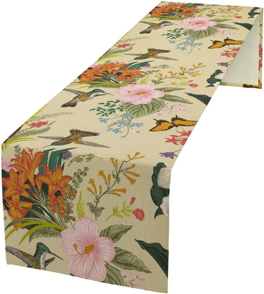 Brown Bird Floral Table Runner Spring Flower Kitchen Table Decoration Suitable for Family Dinner Decoration 13x60 Inch