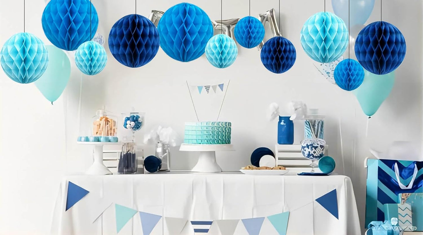 CC wonderland zone 12pcs Blue Paper Honeycomb Balls,Hanging Tissue Pom poms for Party Decoration,6inch&10inch