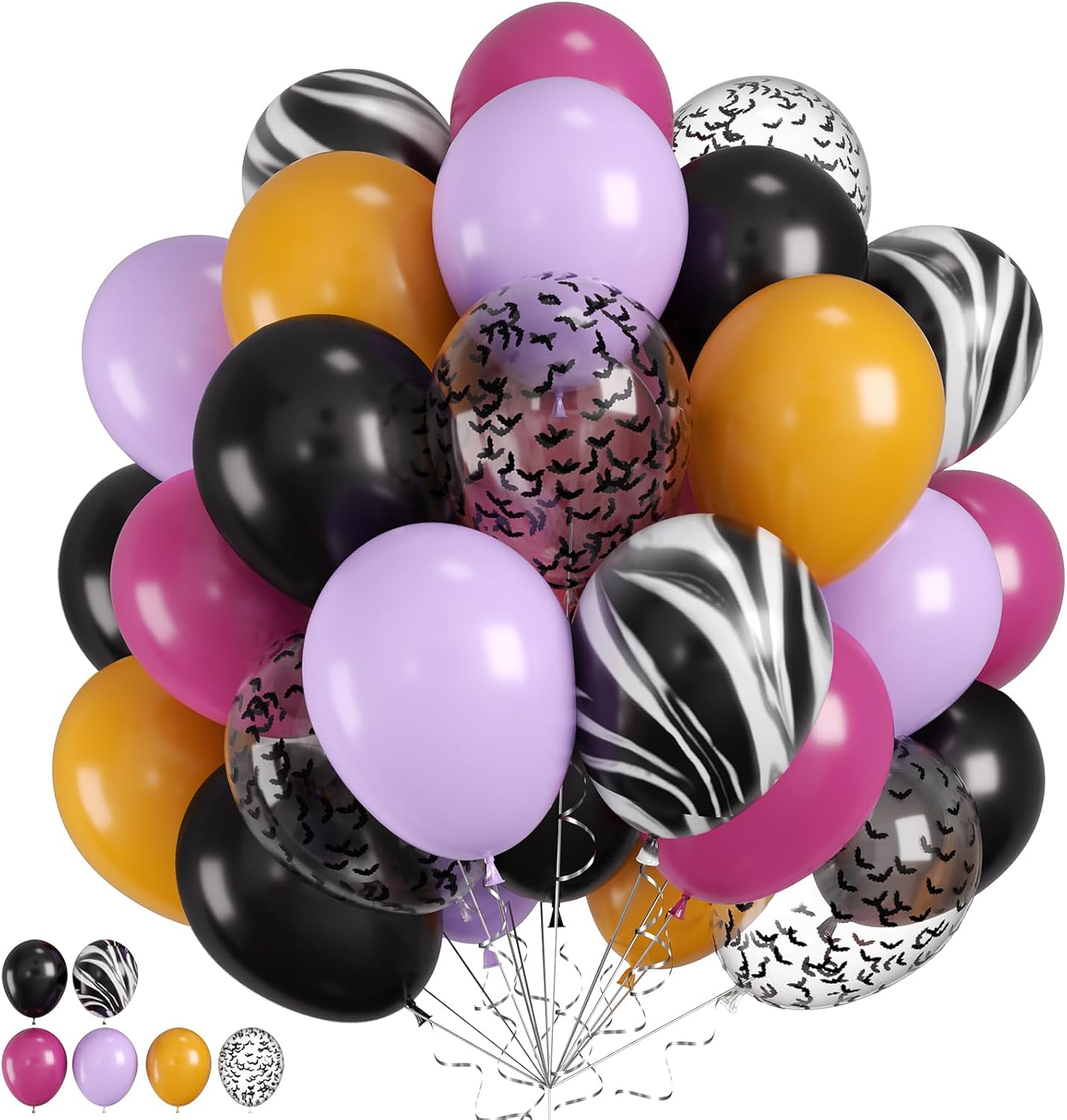 Halloween Balloons, 60pcs Purple Black Balloons, Purple Yellow Black Tie Dye Balloon With Bat Confetti Balloon For Retro Halloween Masquerade Spooky Haunted House Vampire themed Birthday Party Decor