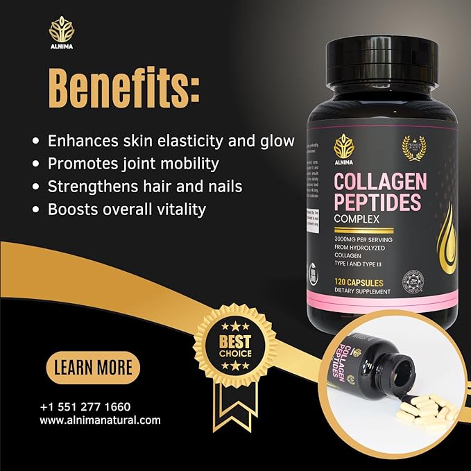 Collagen Peptides Complex – 3000mg Hydrolyzed Type I & III Collagen with Aloe Vera – Halal Certified – Skin, Hair, Joint & Bone Support – 120 Capsules – Made in USA