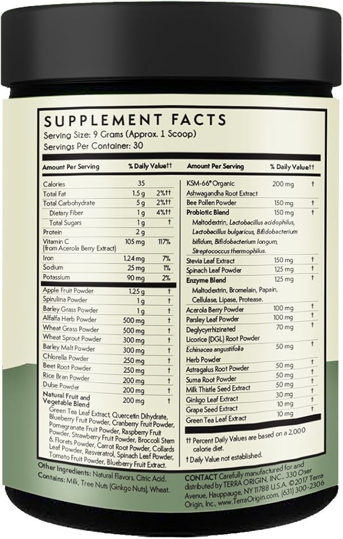 TERRA ORIGIN Healthy Superfood Greens Powder Drink with Probiotics & Ashwagandha | Adaptogen & Digestive Enzyme Fruit and Veggie Blend | for Gut Health, Energy, Immune Support | 30 Servings | Mint