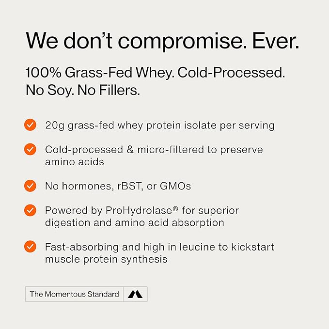 Momentous Essential Grass-Fed Whey Protein Powder - 20 g Whey Isolate Protein - NSF Certified for Sport - Gluten-Free - 24 Servings for Essential Everyday Use - Vanilla - Package May Vary