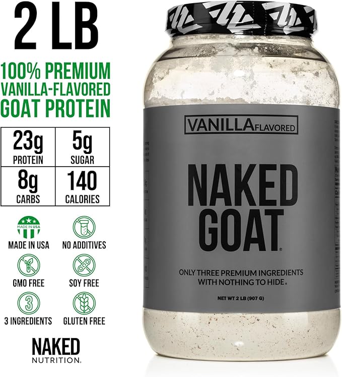 NAKED Goat Vanilla Protein Powder - Pasture Fed Goat Whey Protein Powder from Small-Herd Dairies - Only 3 Ingredients - GMO Free, Soy Free - All Natural - 23 Grams of Protein - 25 Servings