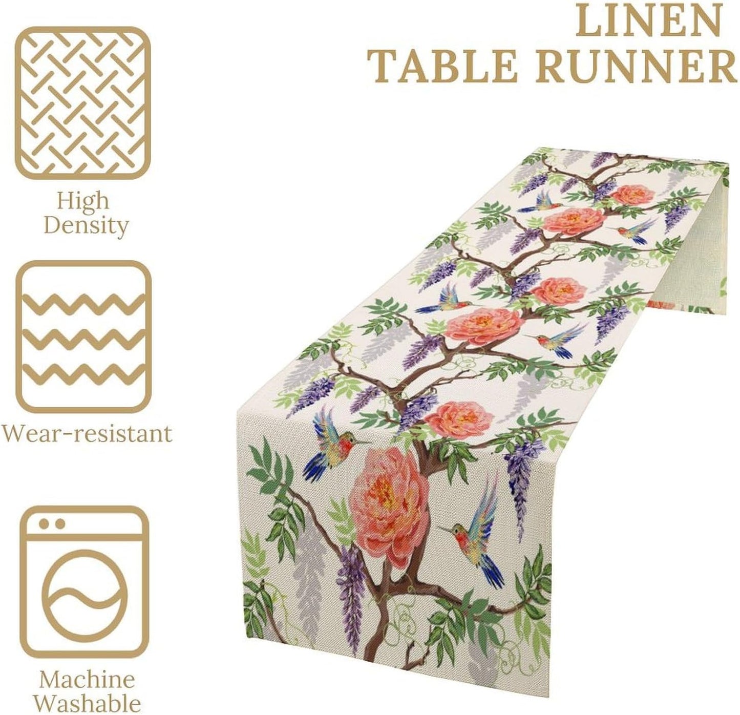 Vintage Bird Flower Table Runner Seasonal Spring Purple Wisteria Garden Plants Lavender Pink Florals Farmhouse Country Kitchen Dinner Runner Dining Table Decoration for Home Party Holiday 13"x60"