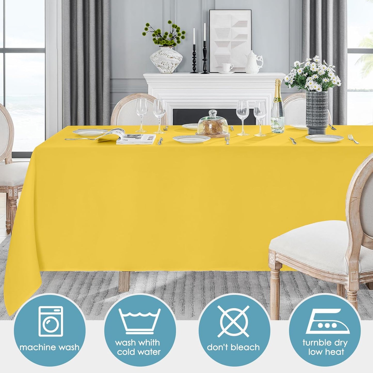 VidaFete Tablecloth 2 Pack 90 * 132inch Rectangle Table Cloth Polyester, Stain Wrinkle Resistant Polyester Dining Table Cover for Kitchen Dinning Party Wedding Rectangular Buffet Decoration(Yellow)