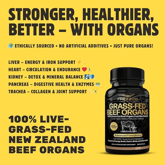 FREZZOR New Zealand 100% Live-Grass-Fed Beef Organs Complex, Supports Whole Body Wellness and Energy with Proprietary Blend of Liver, Heart, Kidney, Pancreas & Trachea, Non-GMO, 3000mg, 180 Capsules