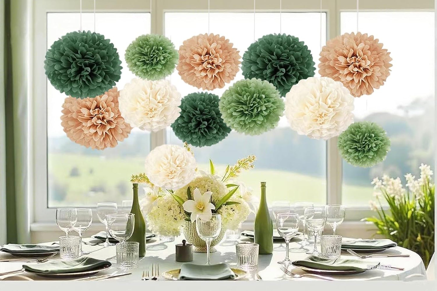 Capesaro Olive Sage Green 12PCS Paper Pom Poms Party Decorations for Natural Green Boho Safari Jungle Party,Hanging Tissue Paper Flowers for Engagement,Wedding,Baby Shower