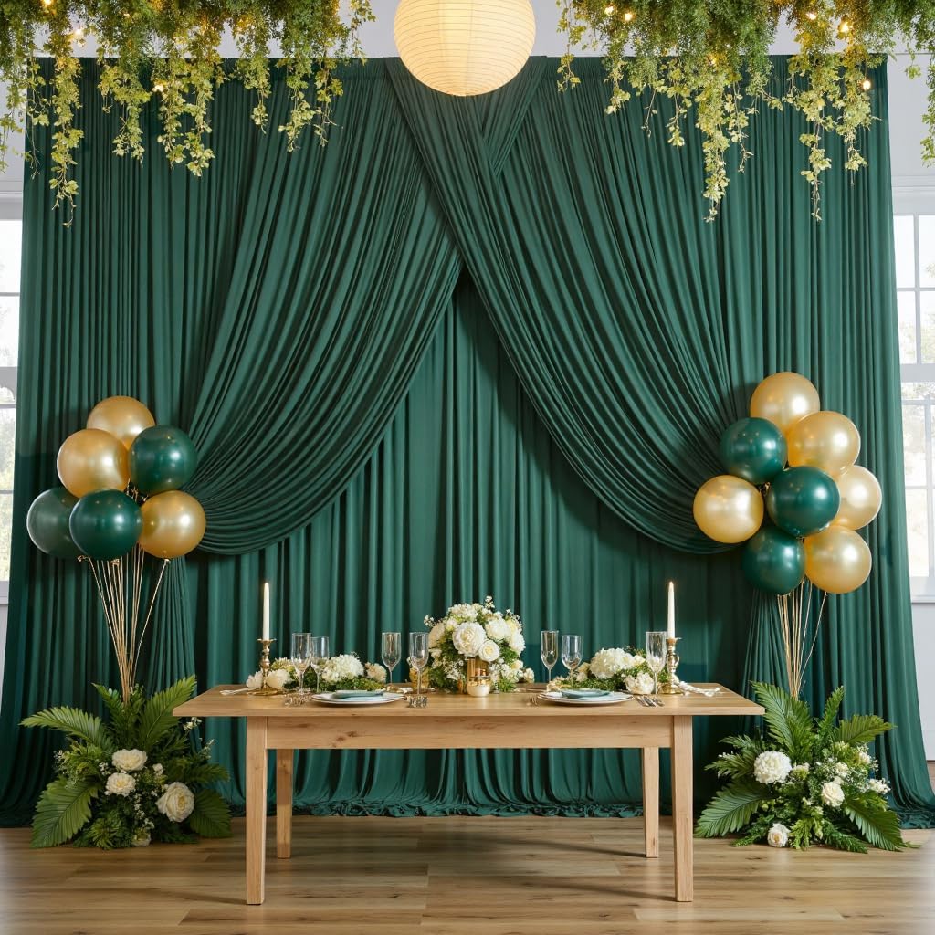 10ftx10ft Wrinkle Free Hunter Green Backdrop Curtains for Party Background, 2 Panels Silky Polyester Green Photo Backdrop Drapes Back Drop Cloth for Wedding Birthday Photography Baby Shower Decor