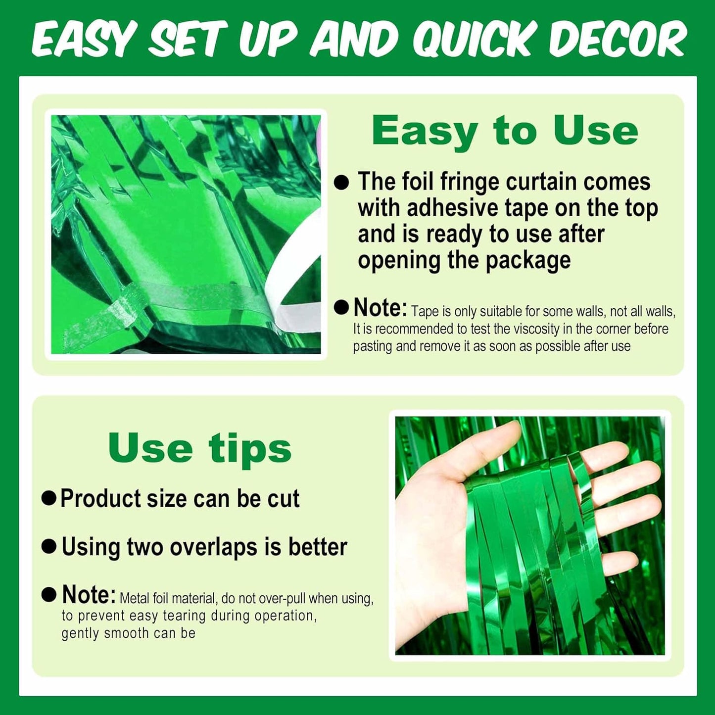 6 Pack Green Foil Fringe Curtains Backdrop, 3.28 x 8.2 Ft Metallic Streamers Tinsel Curtains Background for Photo Booth, Birthday, Weddings, Carnivals, Graduation, Themed Party Decorations