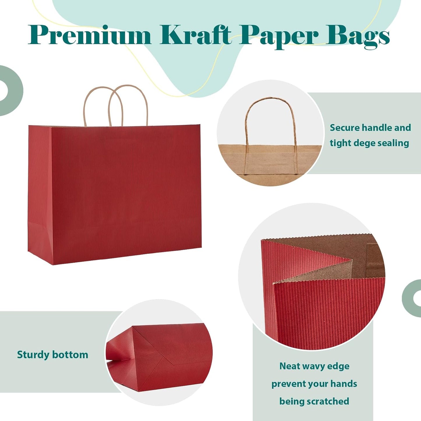 GSSUSA Gift Bags Large with Handles 16x6x12 Red 50Pcs, Kraft Paper Bags Bulk for Small Business, Paper Shopping Bag, Grocery, Shopping for Boutique, Party, Wedding
