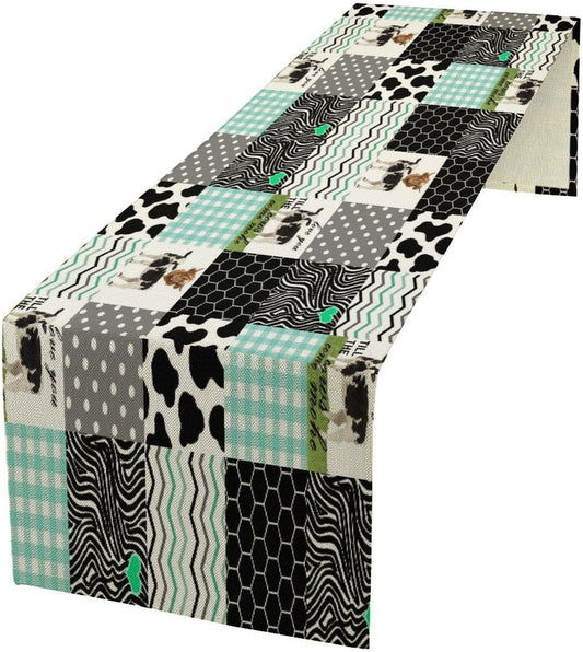 Cute Cow Print Table Runner,Farm Animals Honeycomb Plaid Stripes Cowhide Pattern Tablecloth Burlap for Hotel Indoors Outdoor Dining Room Kitchen Table Decor, 13x60in