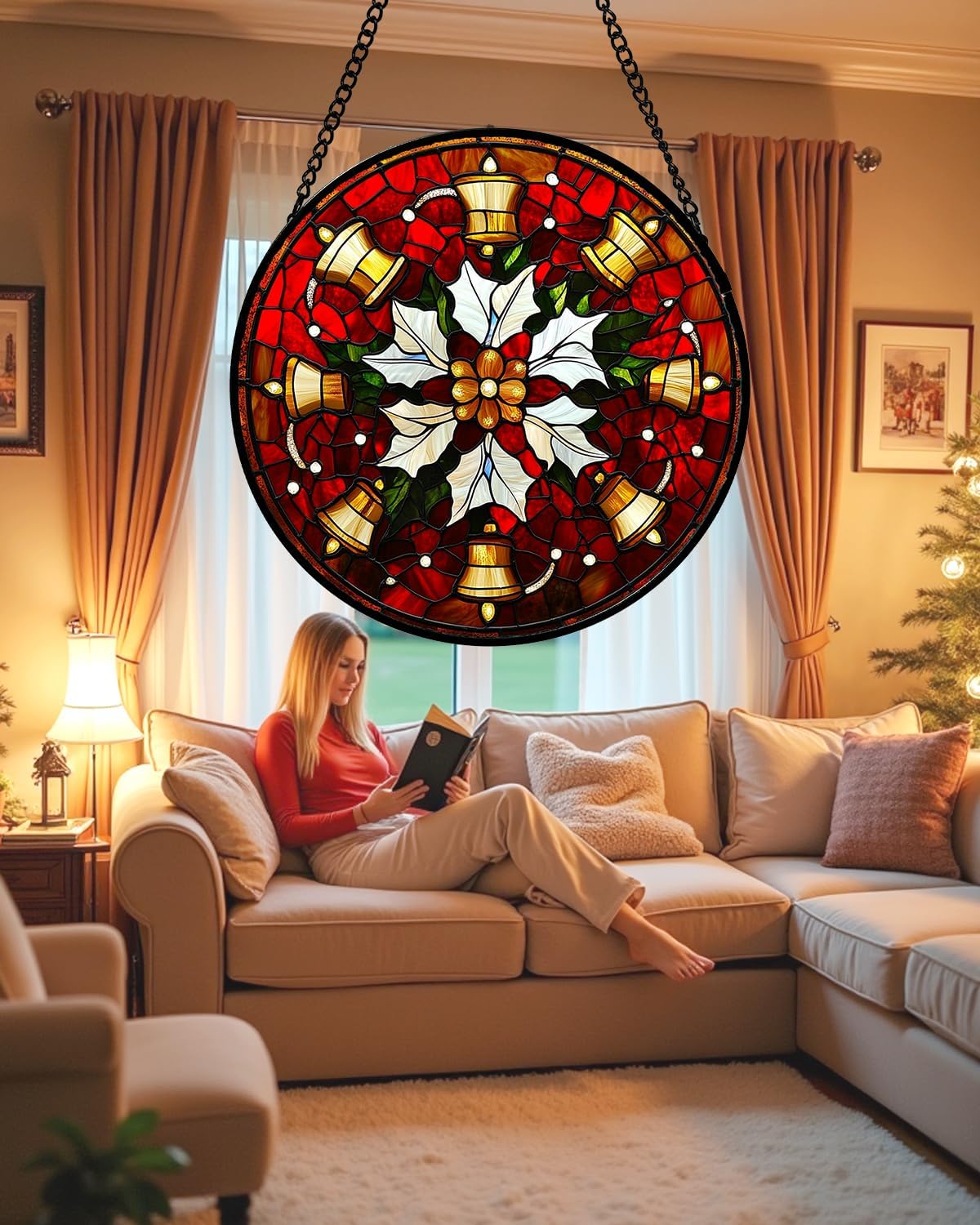 Stained Glass Window Hanging - Golden Bells Flowers Suncatcher for Doors Home Christmas Decoration Winter Sun Catcher Thanksgiving New Year Birthday Gift for Friend Women Men Mom Nana 11.8 in