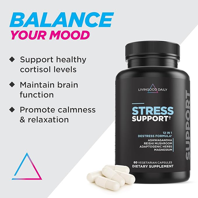 Livingood Daily Stress Support, 12-in-1 Supplement with Ashwagandha, Reishi Mushroom, Vitamin B6, Adaptogenic Herbs & Magnesium, Supports Mood & Calm, Gluten Free, Vegan, 60 Vegetarian Capsules