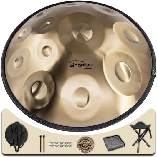 "SINGOFIRE" 12-Notes Handpan Drum, Handpan Drums for Adults, 22-Inch 440Hz D Minor Kurd Handpan, HandPan Instrument with Soft Handpan Bag, 2 Handpan Mallets, Handpan Stand and Dust-Free Cloth(Gold)