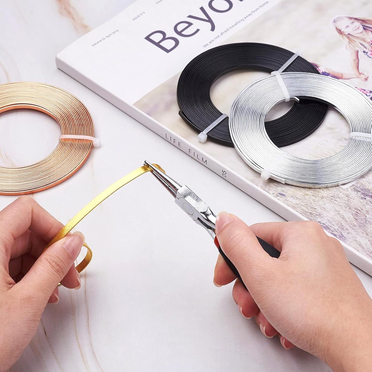 Fashewelry 65Ft 4 Colors Aluminum Flat Wire 3mm Wide Bendable Metal Craft Wire Strip 18 Gauge with Side Cutting Plier for Bezel Sculpting Armature Jewelry Making Gem Metal Wrap