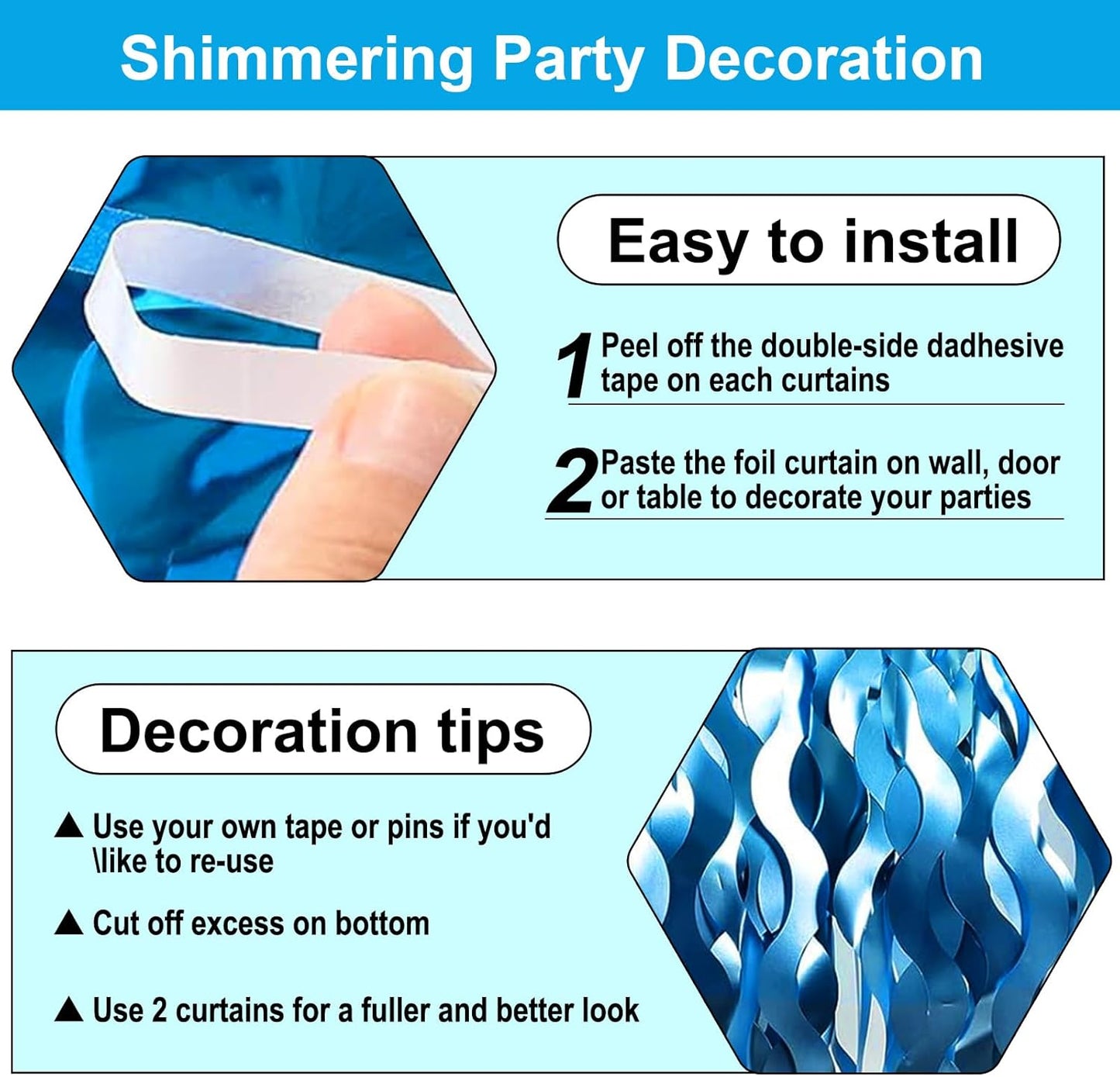 4 Pack Lake Blue Wave Foil Fringe Curtain Backdrop, 3.28Ft x 8.2Ft Metallic Tinsel Foil Fringe Streamer Curtains for Photo Booth, Mother's Day, Easter, Birthday, Wedding Party Decoration