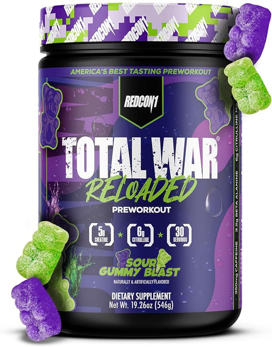 REDCON1 Total War Reloaded Pre Workout Powder, Sour Gummy Bear - Creatine, Beta Alanine + L-Citrulline Malate Keto Friendly for Men & Women with 350mg of Caffeine - Fast Acting (30 Servings)