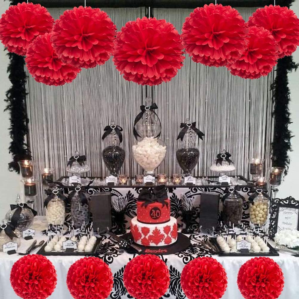 MOWO Red Paper Flower Tissue Pom Poms Party Supplies (red,12pc)