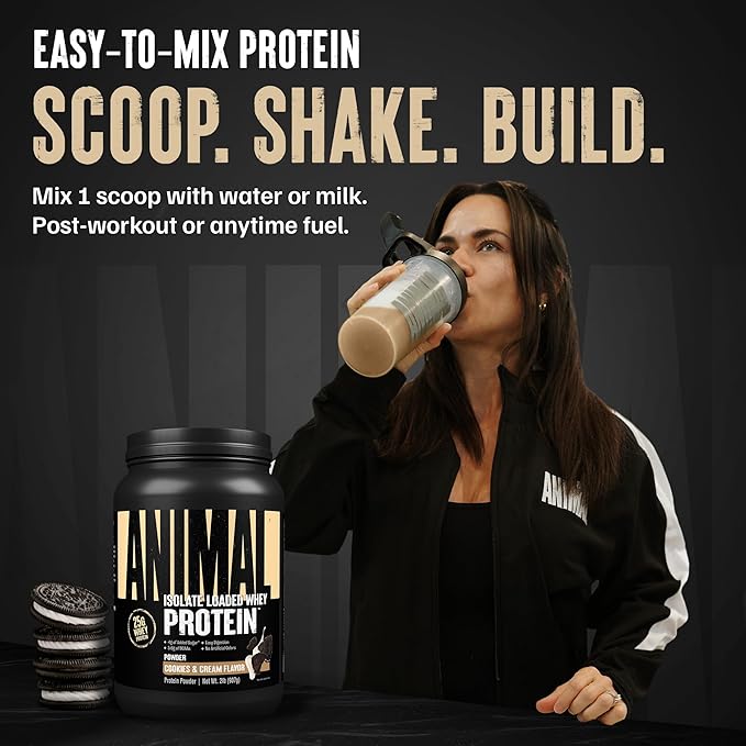 Animal Whey Isolate Protein Powder - Loaded for Pre & Post Workout Muscle Builder and Recovery with Digestive Enzymes for Men & Women - 25g Protein, Great Taste, Low Sugar - Cookies & Cream 2 lbs