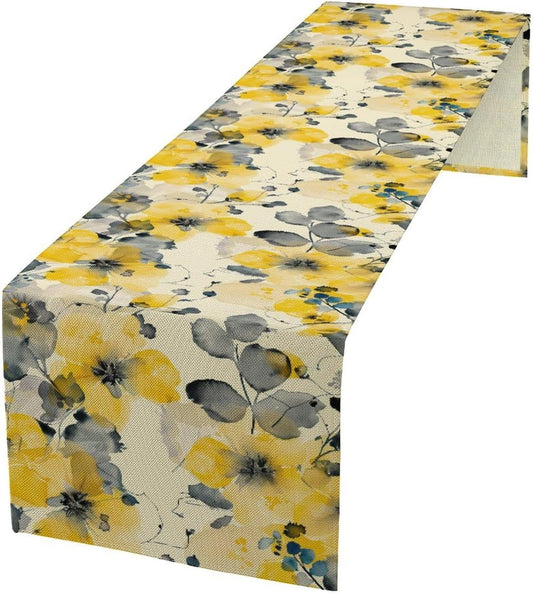 Floral Table Runner,Yellow Flowers Spring Print Table Cloth Kitchen Dining Table Home Party Decoration 13x108 Inch