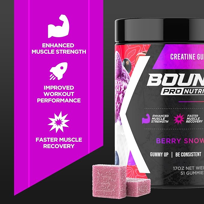Bounce Pro Creatine Monohydrate Gummies for Men & Women, Low Calorie, 6G of Creatine per Serving, Vegan, Anti-Melting, Gluten-Free, Non-GMO, 2g of Creatine per Gummy (51ct, Berry Snow Cone)