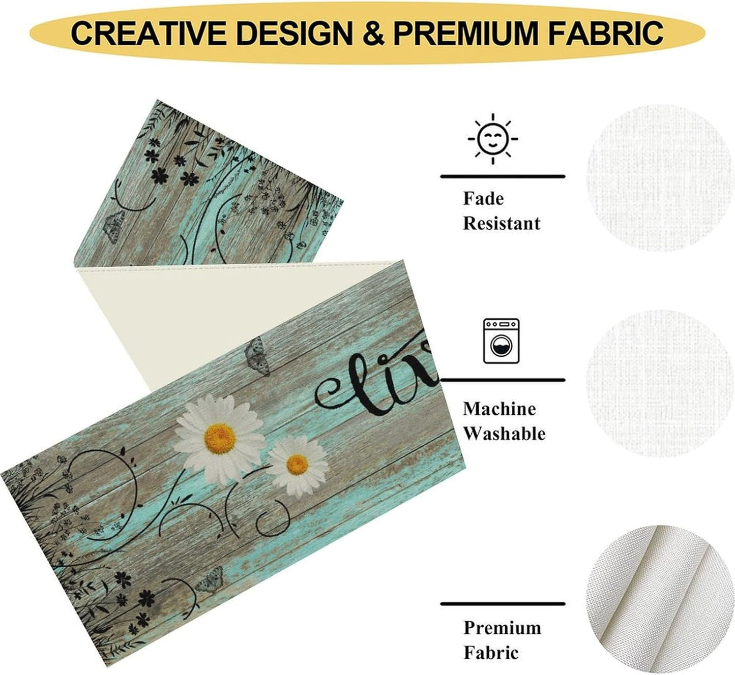 Daisy Floral Table Runner, Farmhouse Spring Seasonal Summer Teal Green White Flower Rustic Abstract Table Center Decor for Home Kitchen Dining Holiday Party Indoor Table Decorations, 13"x72" Inch