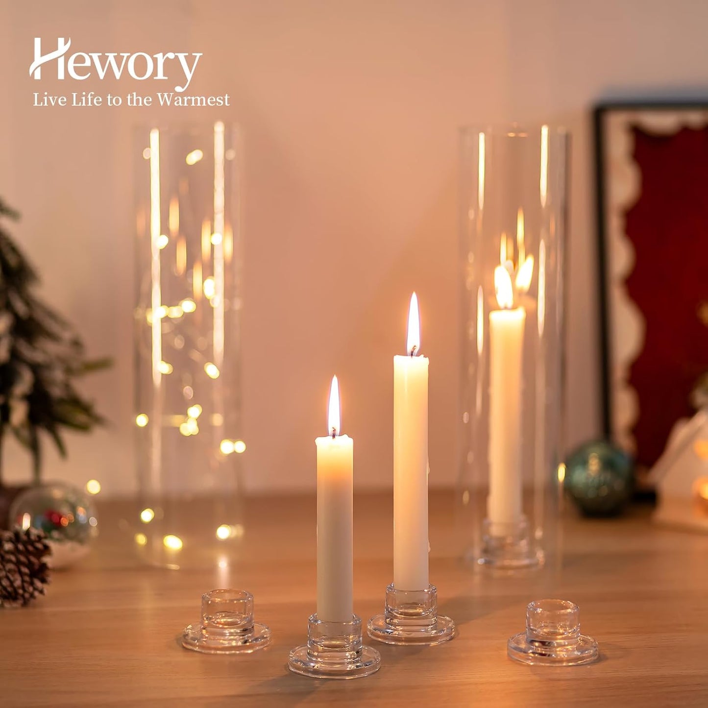 Hewory Glass Taper Candle Holders: 4 PCS Candlestick Holders Clear Short Tapered Candle Holder Set - Candle Stick Holder Decor for Table Centerpiece Wedding Party Advent Christmas Home Decorations