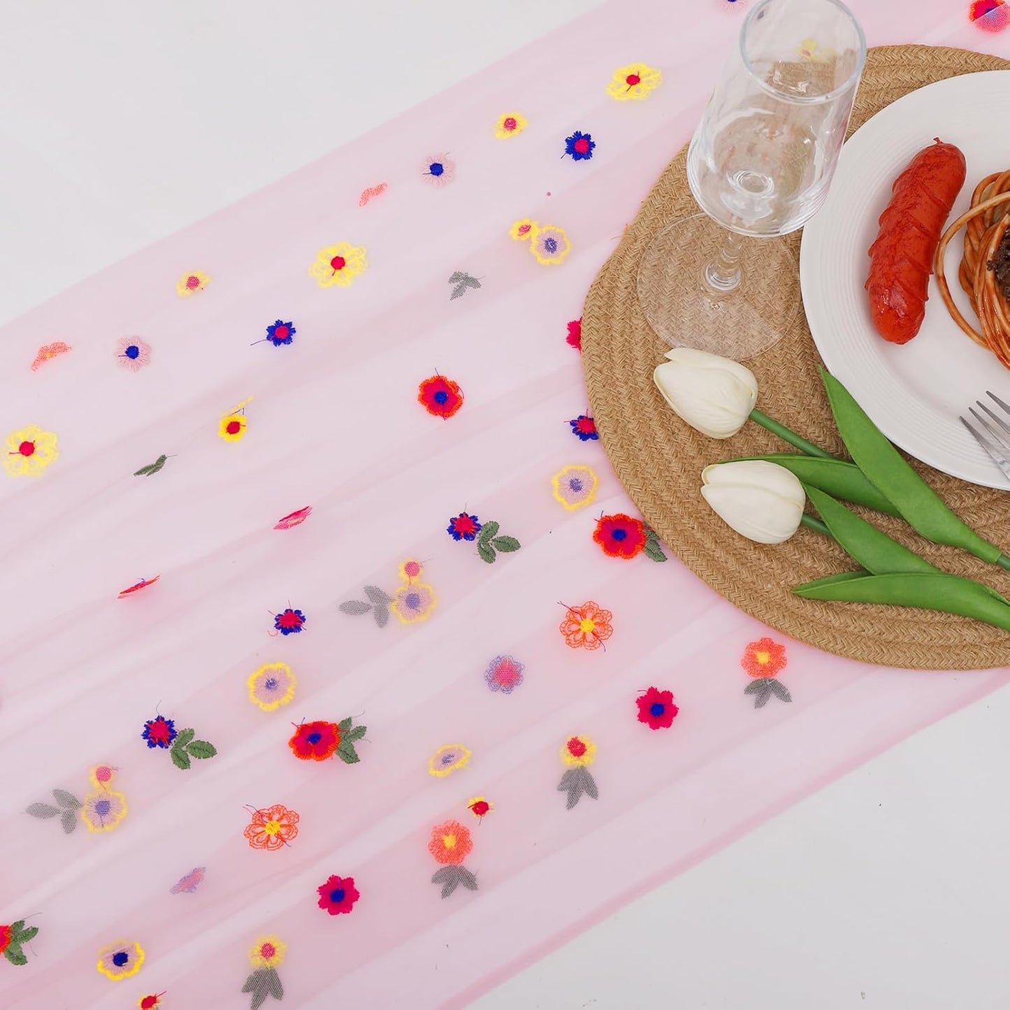 BINBE 6pcs Pink Daisy Fall Table Runner Embroidery Gauze 10FT Florals Seasonal Tulle Holiday Birthday Kitchen Dining Table Decor for Home Party