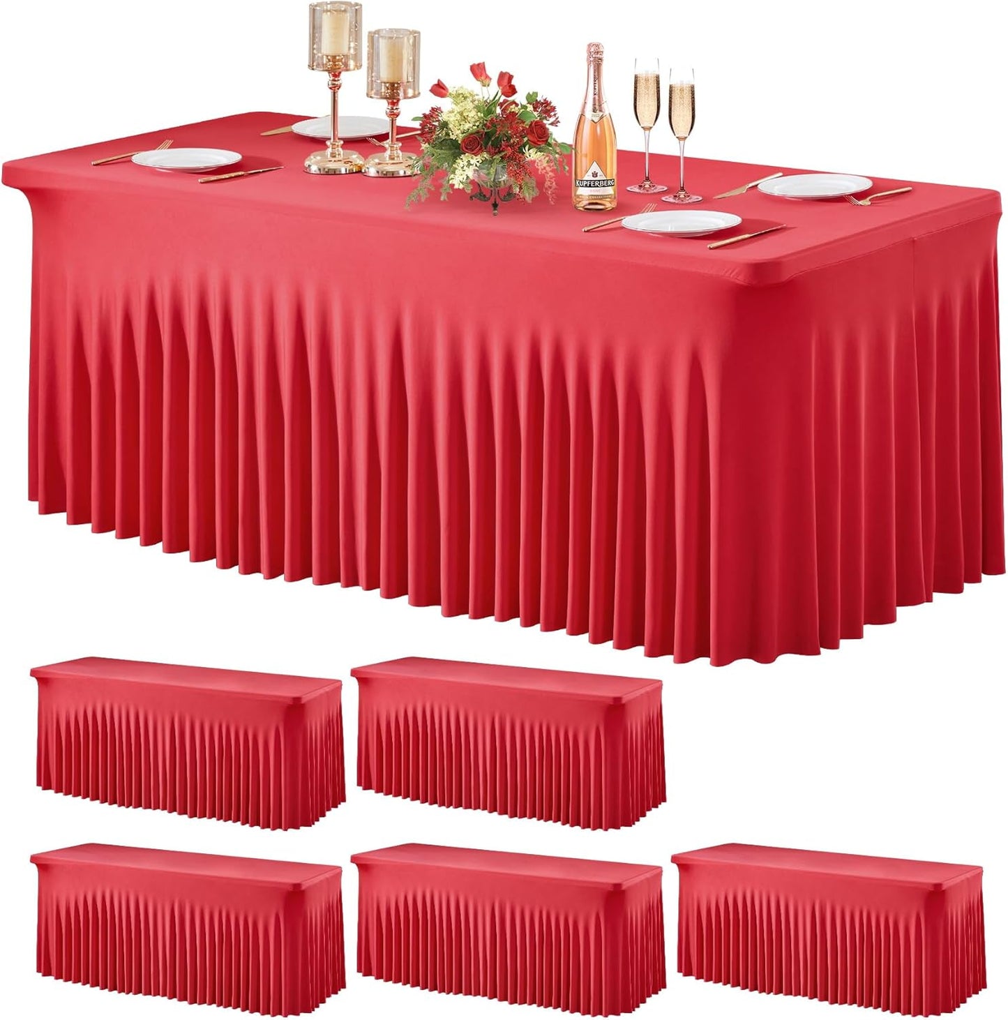Wish Care 6 Pack Red Spandex Table Clothes for 6 Foot Rectangle Tables, 6FT Wrinkle Free Fitted Tablecloths Ruffles Design Table Cover for Party, Banquet, Wedding and Events
