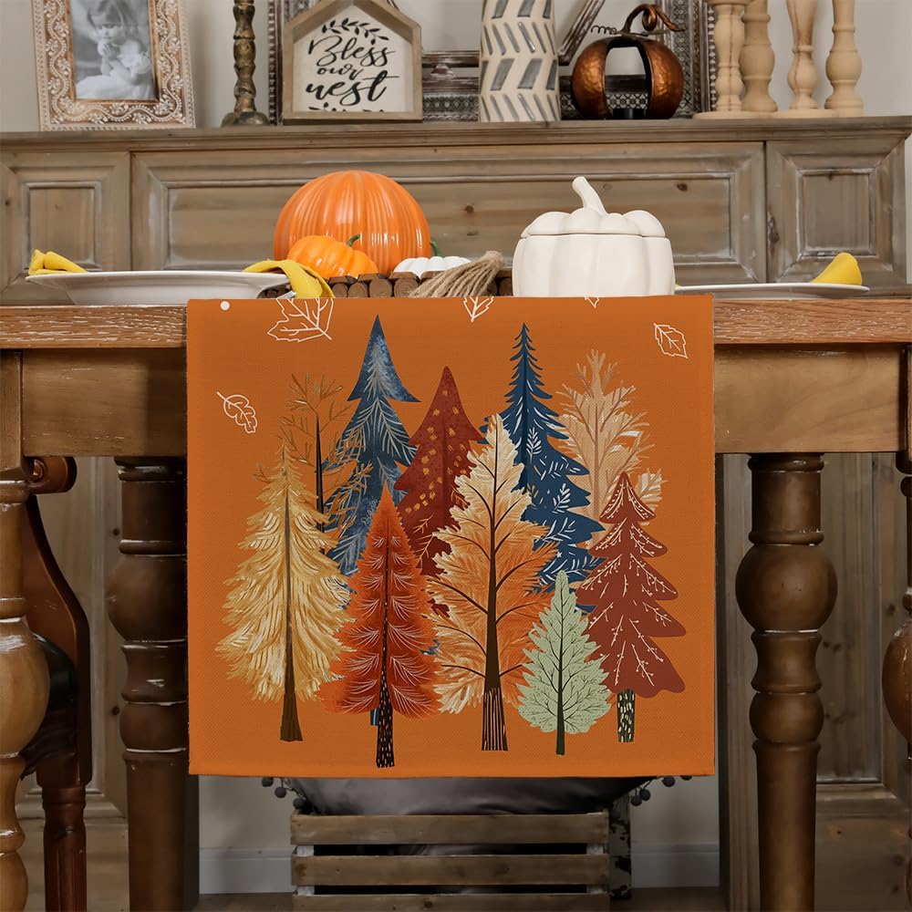 GEEORY Fall Watercolor Trees & Maple Leaves Table Runner 13x120 Inch, Rustic Farmhouse Autumn Thanksgiving Decor for Kitchen, Dining, Indoor/Outdoor Holiday Dinner Party Orange GT158-120
