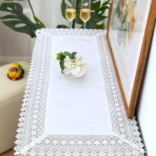 White lace Premium Rectangle Farmhouse Table Runner Waterproof OilProof SpillProof AntiShrink Soft Wrinkle Resistant Decorative Fabric Table Cover Kitchen Dinning Party Wedding Banquet