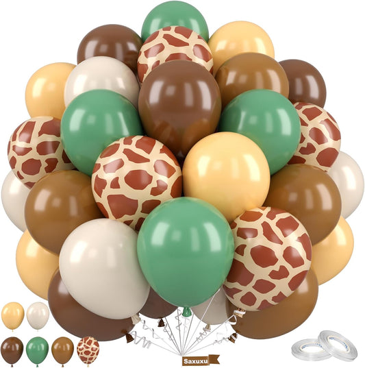 Jungle Balloons, 12 Inch Green and Brown Balloons, Sage Green Brown Apricot Giraffe Khaki Print Latex Balloon for Safari Baby Shower Forest Jungle Animal Theme Birthday Party Decorations