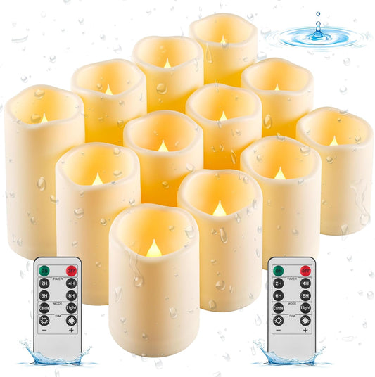 Da by Candles Battery Operated Candles LED Outdoor Waterproof Candles Plastic Fake Candles with Remote Timers Set of 12(Ivory)