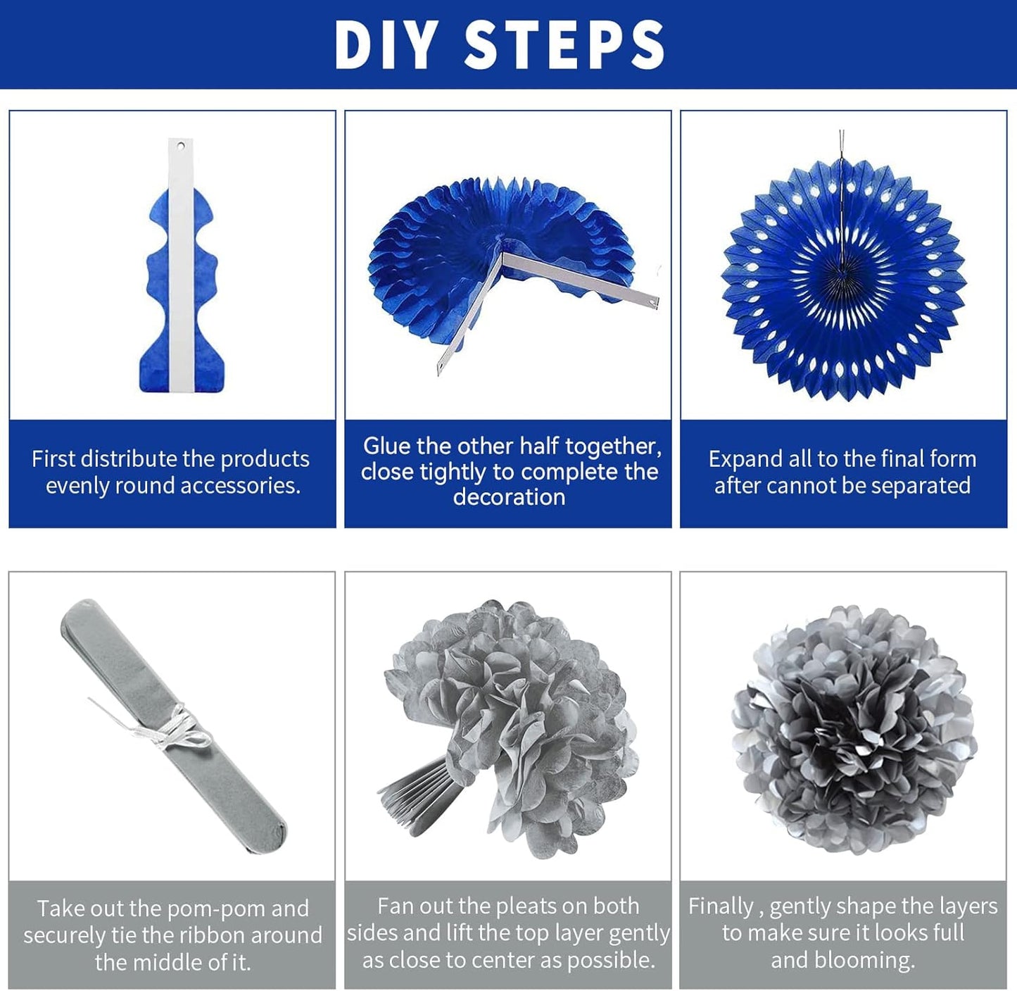 Blue and Sliver Party Decorations, 23Pcs Blue Birthday Decorations with Hanging Paper Fans, Pom Poms Flowers Packs for Graduation Party,Boy Birthday, Baby Shower