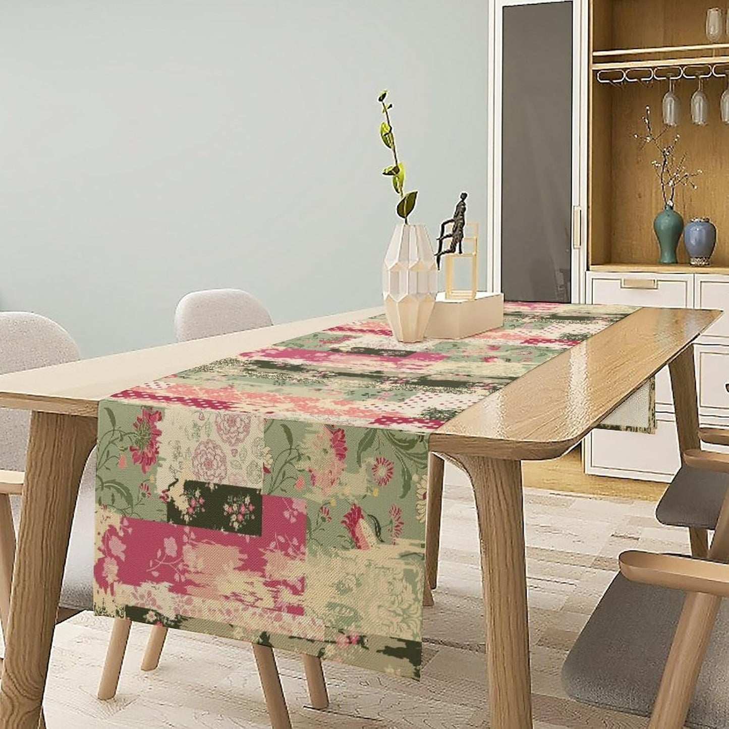 Patchwork Flower Table Runner,Abstract Colorful Floral Retro Style Hand Drawn Tablecloth Burlap for Hotel Indoors Outdoor Dining Room Kitchen Home Decor,W13X L80 in