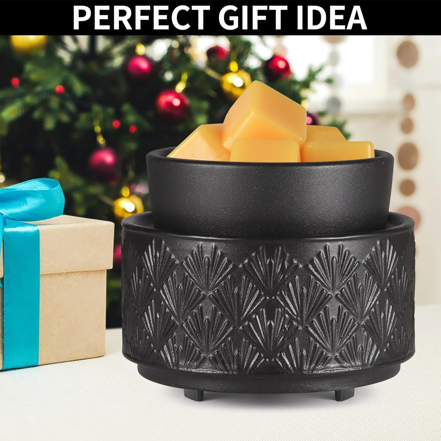 mocosa Ceramic Wax Warmer Wax Melt Warmer for Scented Wax 3-1 Electric Candle Warmer Home Fragrance Wax Burner as Gifts for Mom Grandma Women(Black-Fan Shaped)